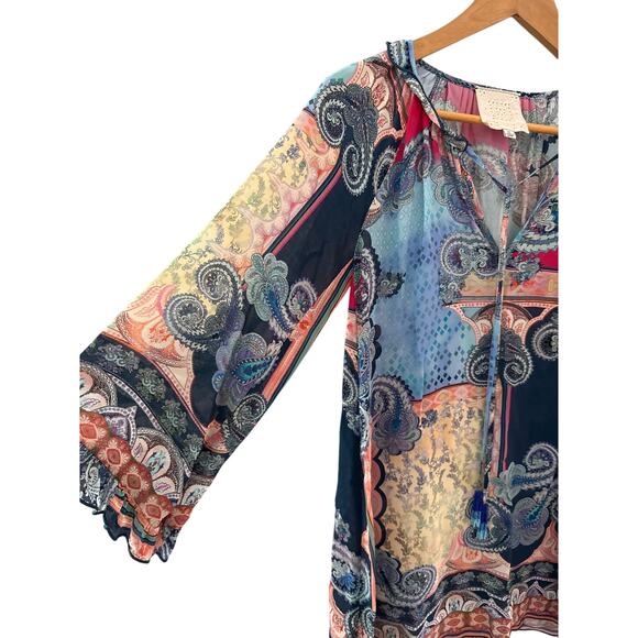 Johnny Was Jade Boho Oversized Daria Multicolored Mixed Print Blouse Size XS - Picture 10 of 11
